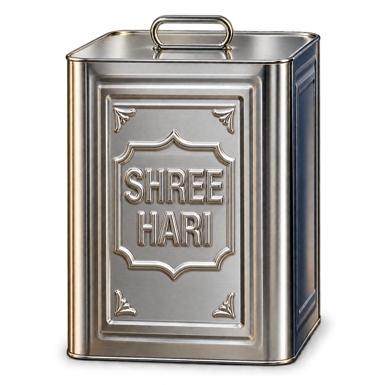 Studio rendering of a silver square tin with raised Shree Hari embossing