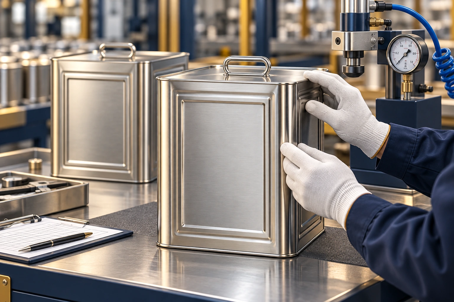 Illustrative tin-container quality control station with a technician inspecting a formed-metal tin