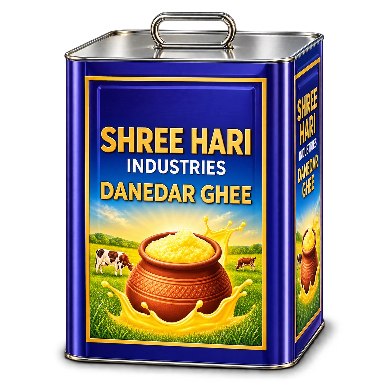Studio rendering of a complete blue and gold Shree Hari ghee tin with full-body offset printing