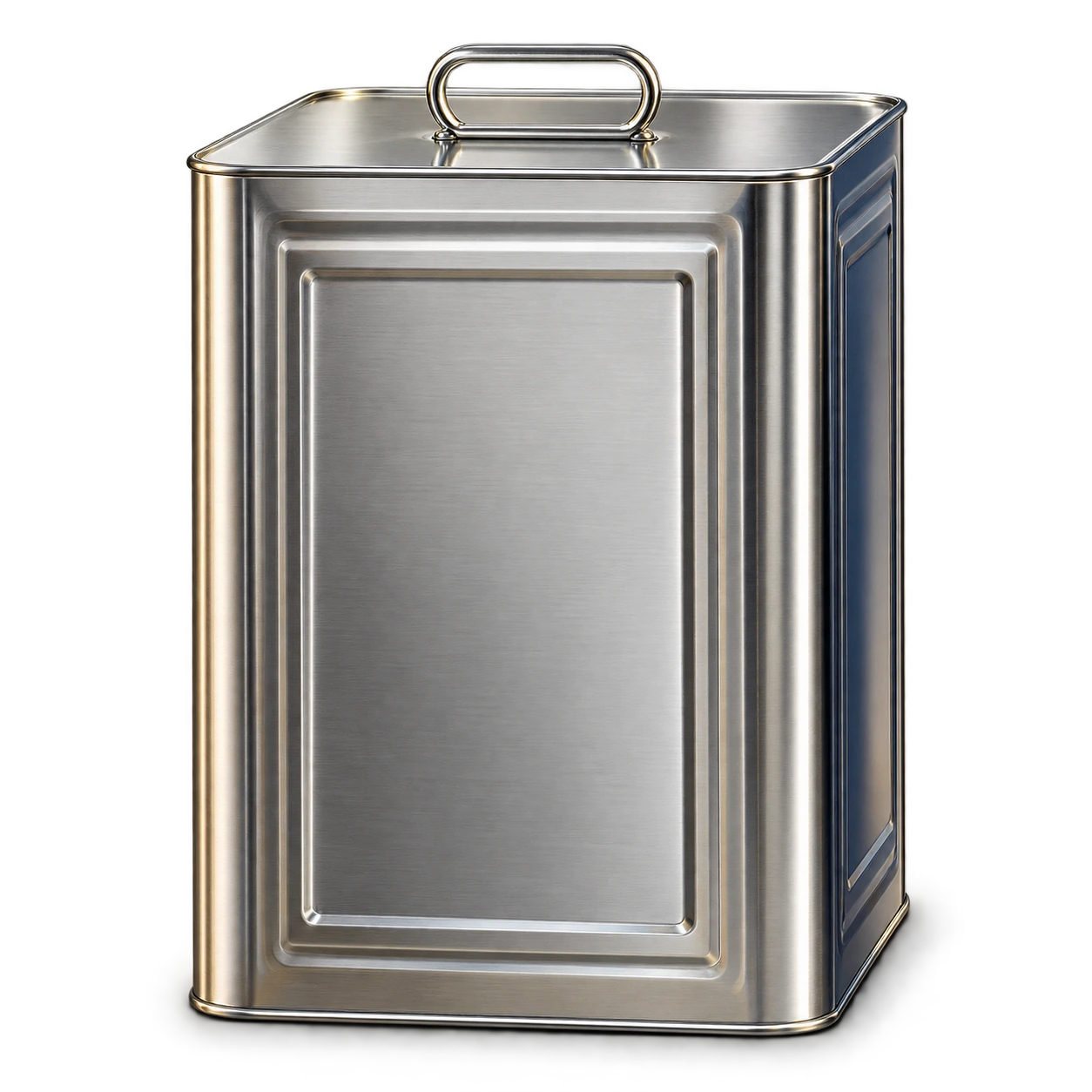 Studio rendering of a complete plain silver square tin with formed panels, lid and handle