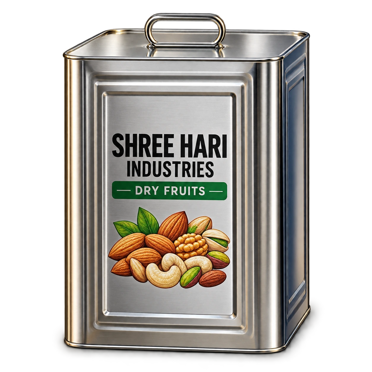 Studio rendering of a silver square tin with Shree Hari dry-fruit panel printing