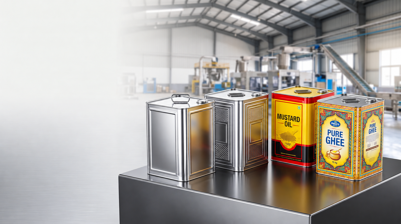 Four square metal tin containers in plain, embossed, mustard oil and ghee finishes in a factory setting